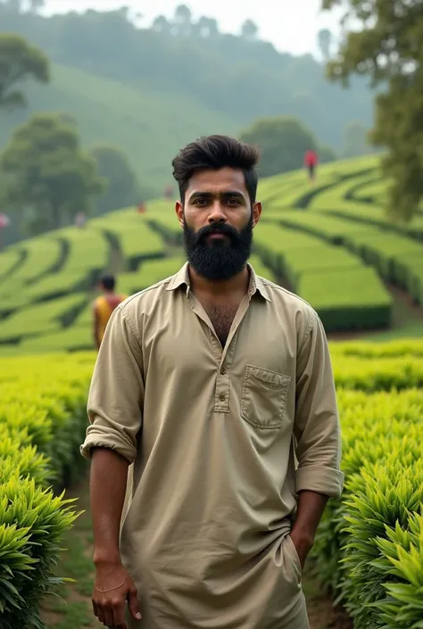 25 years boy having full black beard on his cheeks. The boy wears casual Panjabi and he is brown in skin. create a casual image using tea garden background