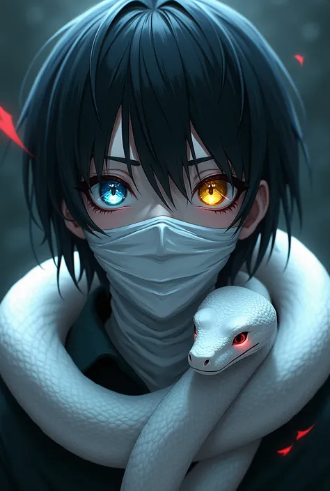 An anime male with black shoulder length hair, a bandage over his mouth, his left eye is cyan and his right eye is yellow. Pale skin and mask. On his shoulders is a white snake with red eyes.