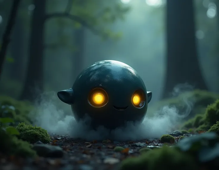 A small, black, spherical creature with a glossy, reflective surface. Botamon has small, bright yellow eyes that glow faintly in the dark, and its body is surrounded by a soft, ethereal mist that gently swirls around it. The background is a dimly lit fores...