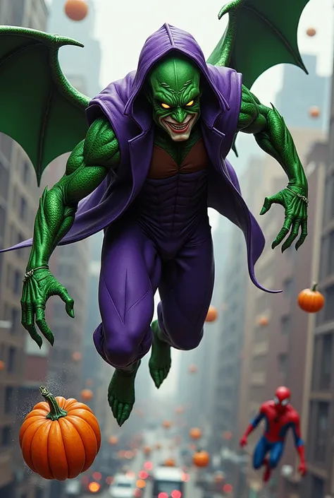       Norman Osborn aka Green Goblin in his classic purple suit         ,          with green arms and legs with scales         ,          green leprechaun mask with purple hood with yellow eyes,  green leprechaun ears flying on their bat-shaped flying pla...