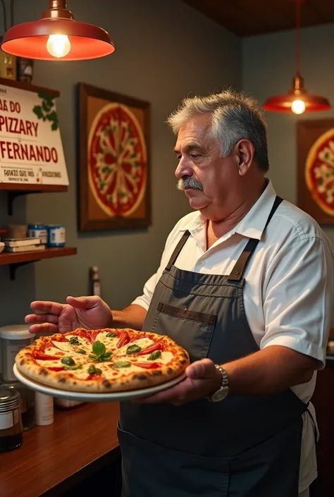 You can create a pizza parlor with pizza paintings and a "Pizzaria do Fernando" sign. Image de profil avec le pizzaiolo qui donne une pizza a un client. gray mustache,  gray hair ,  60-year-old pizza, A fat man, pot-bellied.