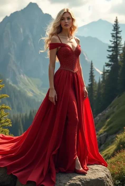 Une déesse princesse blonde aux yeux marrons aux cheveux mi-longs blonds avec une robe rouges des escarpins rouges devant un paysage de montagne 