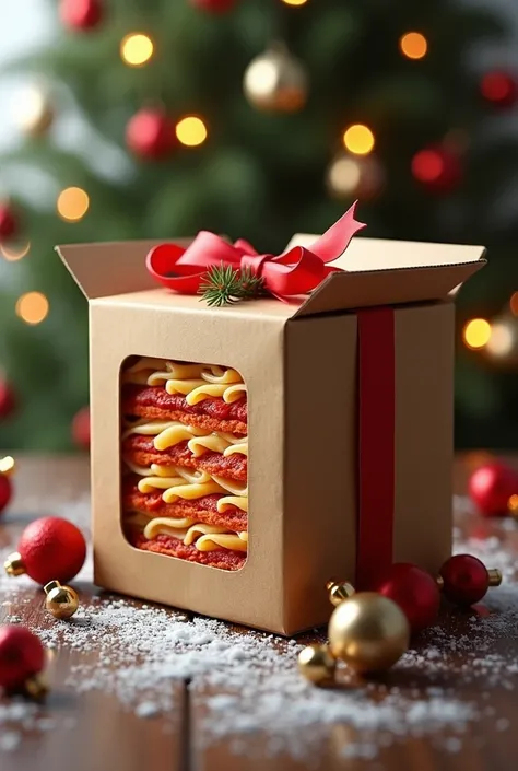 lasagna in a box with Christmas themed ornaments