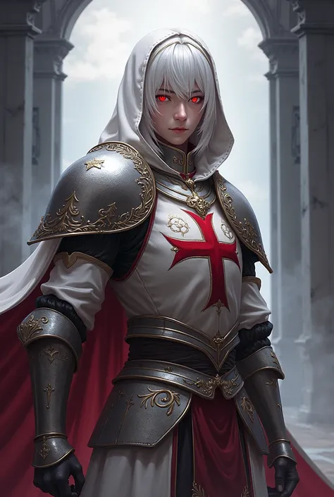 Play the white-haired, red-eyed Dainmachi Bell character Cranel , Templar dress with full armor and white hood on and Templar tunic and with Templar helmet