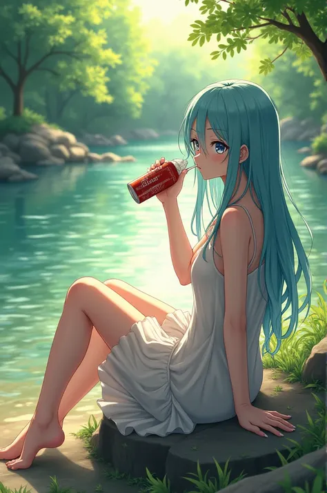 The character from the anime Dr. .stone:   Gen Asagiri in a genderbend version drinking a soda on the bank of a river