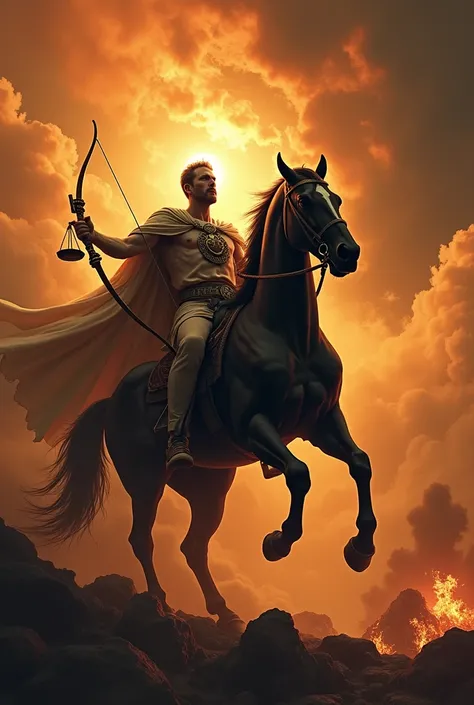 

" The apocalyptic vision of the Horseman of the Apocalypse riding a black horse ,  with a bow and a scale . The sky is on fire ,  and the sound of trumpets resounds , announcing the final judgment .  The Earth is marked by destruction ,  and the lost sou...