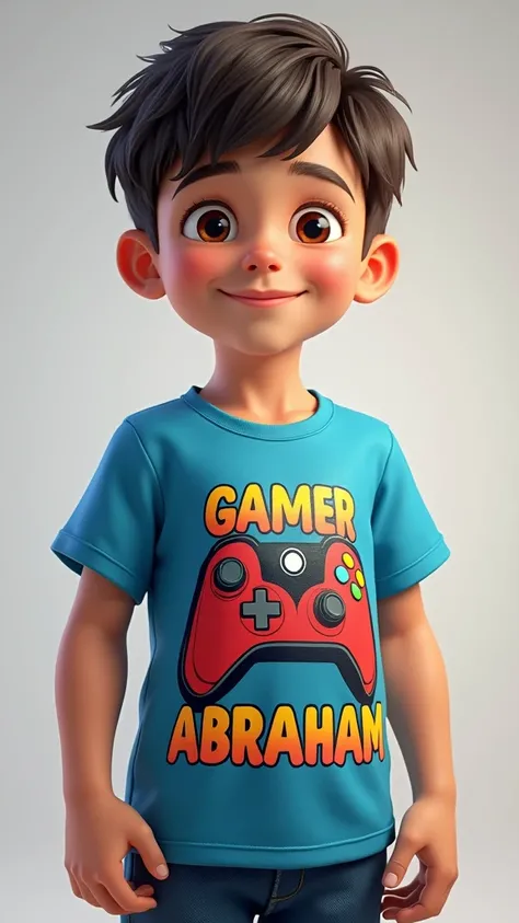 I want the boy to have a ganer shirt and at the bottom of the shirt say “GAMER ABRAHAM”