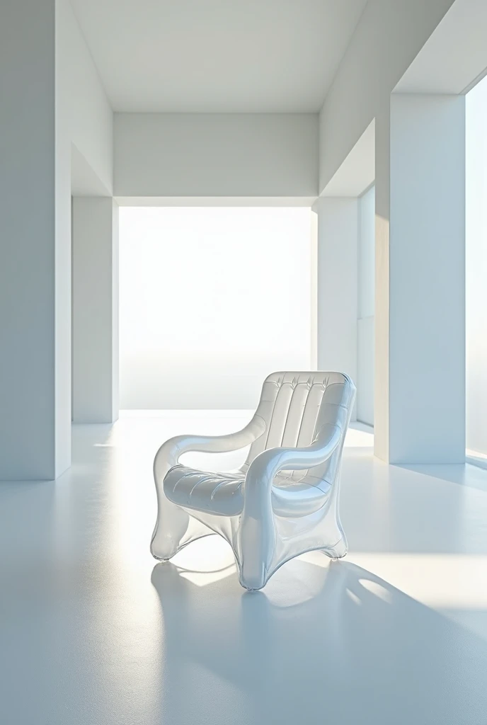 A large, empty photographic studio with a transparent inflatable armchair in the middle 