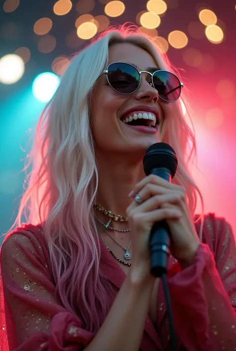 a gorgeous white woman with long ice white hair with dark red and forrest green ombré ends,blue eyes freckles fall makeup, sunglasses, perfect white teeth. performing at a concert in PR, daytime, strobe light, fireworks, solo singing with microphone
