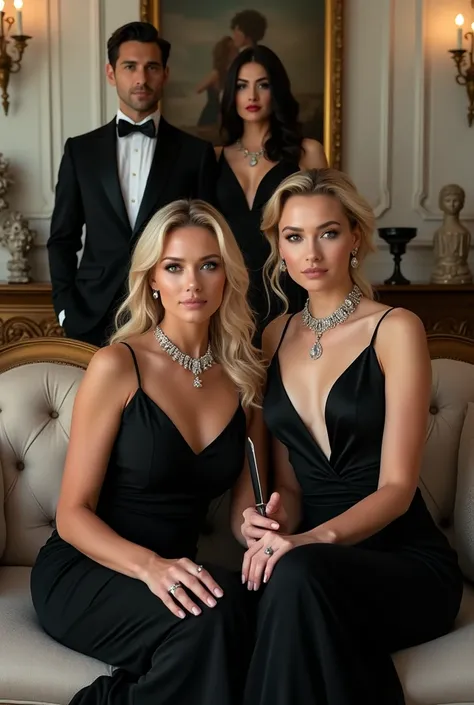 Advertising poster of a woman in her forties wearing a black dress and a luxurious diamond necklace and wearing luxurious makeup sitting on a very luxurious sofa and next to her sits a young woman wearing a luxurious black dress wearing luxurious jewelry w...