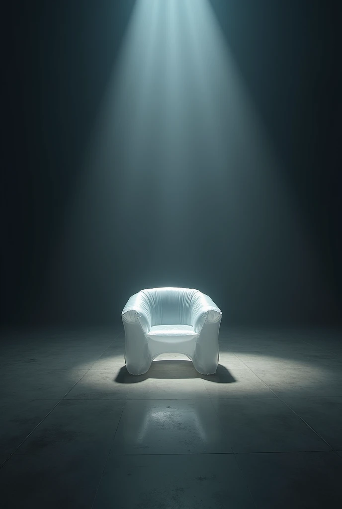 A large, empty, dark photographic studio that has an inflatable chair made of transparent plastic in the middle. 