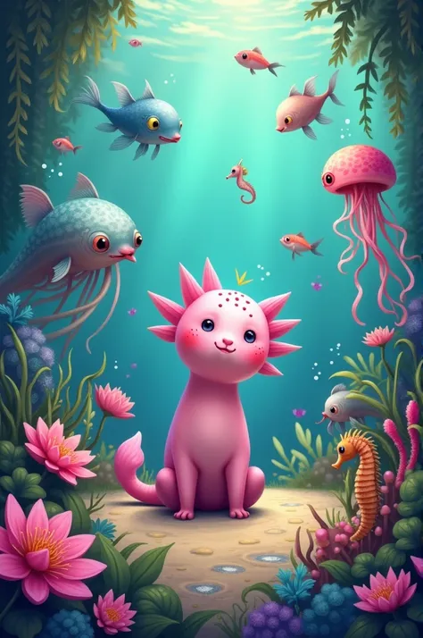 Pink axolotl talking in the water talking . with magical aquatic creatures in a flowery environment
