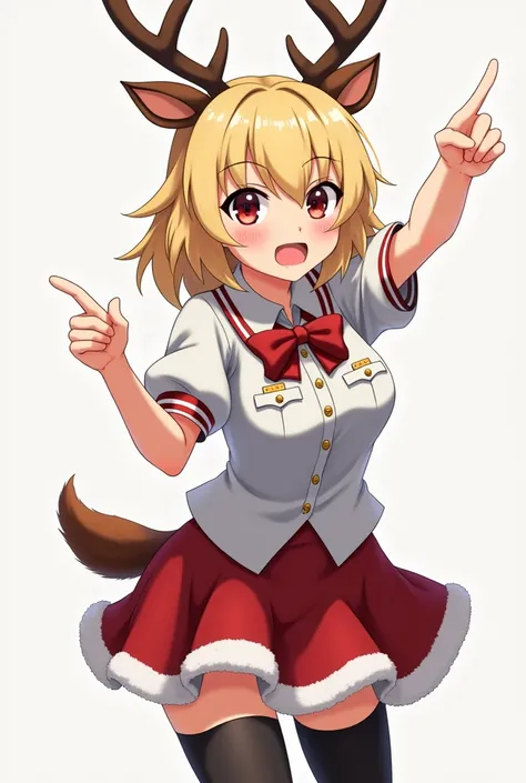 A girl with blonde medium length hair that has reindeer horns and ears. She is wearing a Army Colonel shirt with a Christmas skirt and black stockings. Anime style with an expression that looks like shes pointing and angrily yelling. Give her a brown reind...