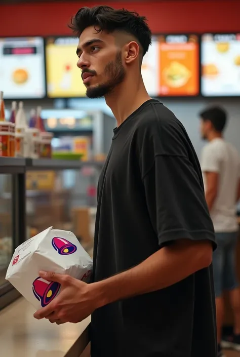  Young Ezra Millher ,  At 22 years old ,  surfer style , piel blanca clara, Black hair buzz cut , short beard,  freckles Atlético Musculoso Strong masculine energy wears an oversized black t-shirt and loose black pants he is standing distracted buying from...