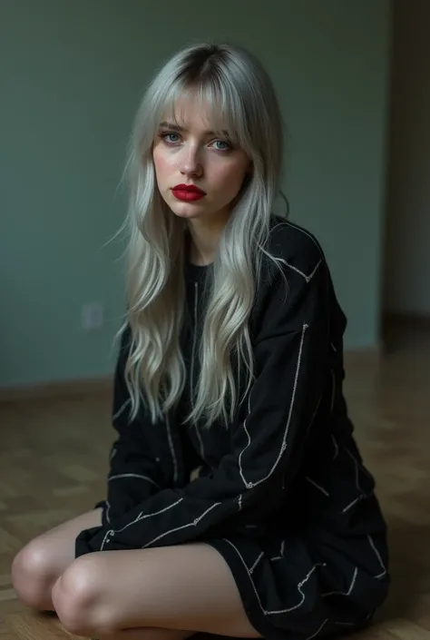 A masterpiece photo of a 21 yo woman, slim with a flat chest, long straight silver-dyed hair. She has straight hair parted in the middle. She is wearing cherry-red lipstick and a black wool dress with a white diamond pattern. She is sitting on the floor in...