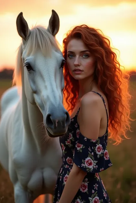 Pretty young woman,  white skin , light blue eyes,  deep look ,  attractive in a dark floral dress standing next to a white horse in a field at sunset.  The woman has long curly reddish brown hair , and wears subtle makeup .  The atmosphere is romantic and...