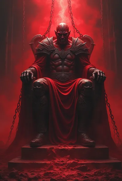 The Scarlet King SCP,  sits on a throne , wrapped in chains
