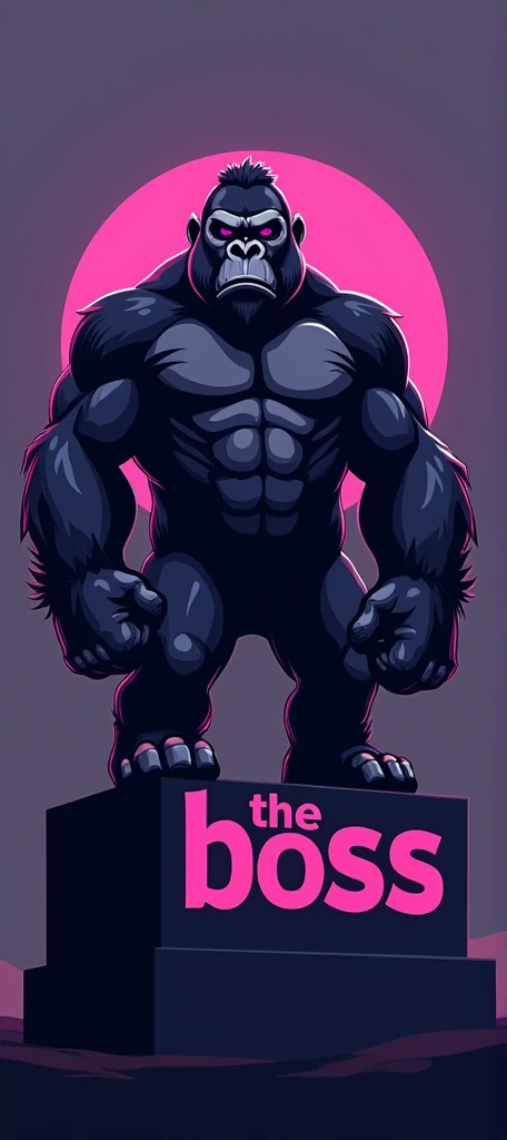 Create a gorilla logo for me in black and purple and with a pedestal that says THE BOSS