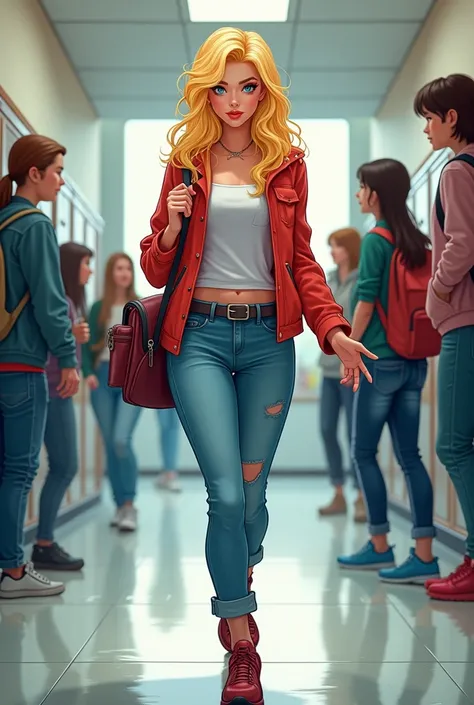 Create a cartoon of a popular well-dressed blonde girl ,  with a bag on the back ,  walking down the school corridor while everyone looks at her