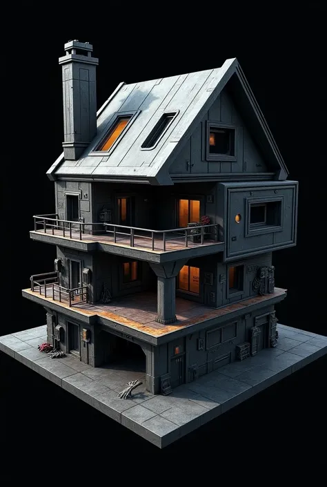  A two-story cyberpunk house for the game,  windows are not transparent , view isometric , background - black 