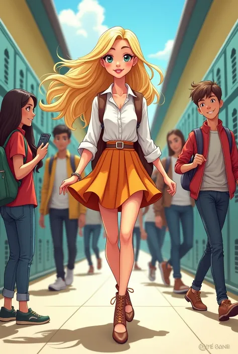 Create a cartoon of a popular well-dressed blonde girl ,  with a bag on the back ,  walking down the school corridor e todas as pessoas olham pra ela