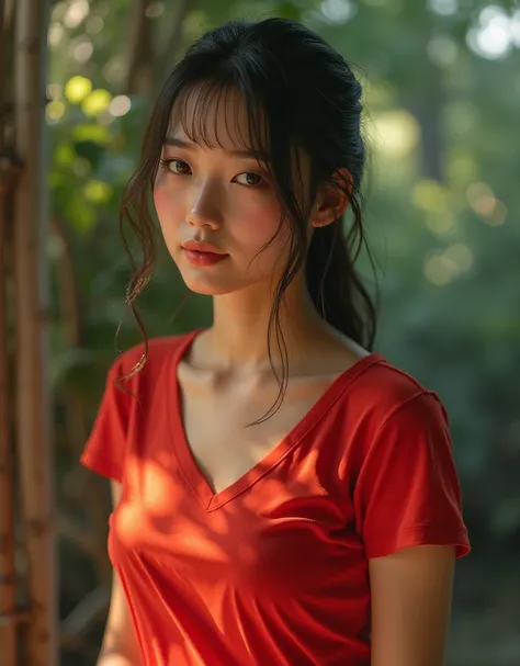   High Quality Photos , 3D 8K,  taken with an expensive high-quality fuji camera ,  use best film , Glowing Potchlan skin ,  with glazed tiled skin , Red cheeks,  glowing pink skin ,  Japanese girl with wet hair wearing a red t-shirt , Short missing old je...