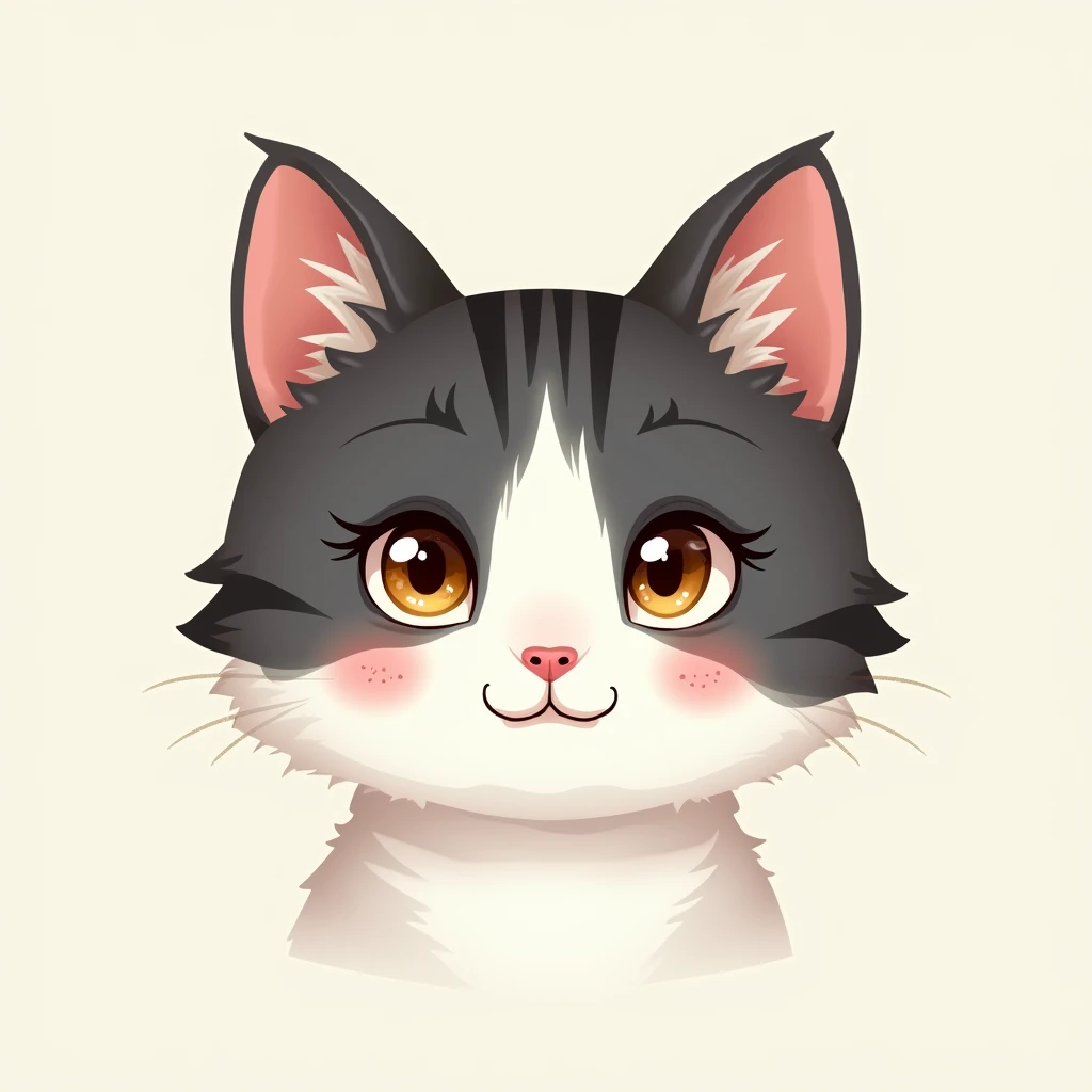 Make a logo of a cat with a white face and black strips with very little gold shine, with hazel eyes and left eye should have a light blue shade on hazel, front view , make it innocent and cute 