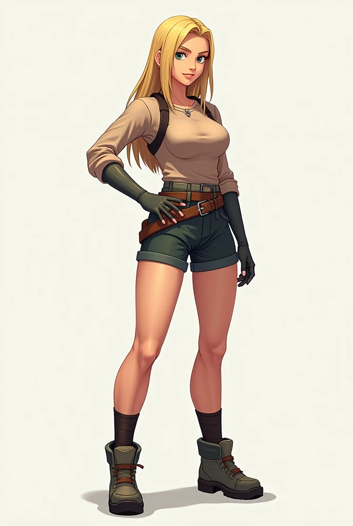 spretesheet for 2D game create a SpriteSheet image of a female 2D game character complete to the feet with a full body, 70 tall 55 kilos in shape with medium muscles waist-length blonde hair straight and loose and green eyes and in a fighting pose walking ...