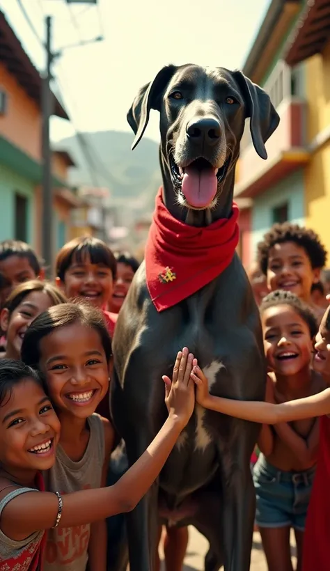 Create an image set in a vibrant Brazilian favela, featuring Rodolfo, a majestic Great Dane with a uniform gray coat and standing at an impressive 118 cm tall. Rodolfo is surrounded by a group of joyful ren, their faces glowing with excitement and laughter...