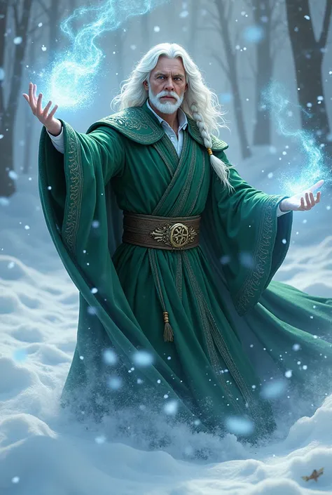  Albino man,    with wavy hair up to his ears and with a braid on his back . Ele tem um olho azul usa um slytherin , He is doing a snow spell while , warrior 
