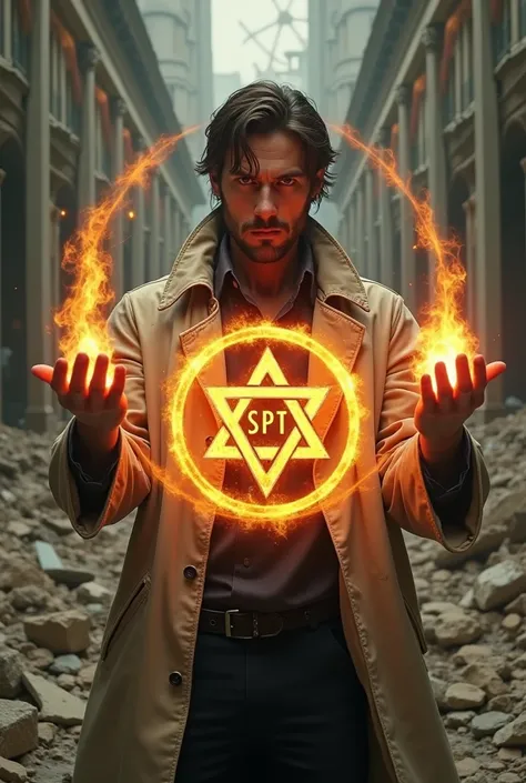 Fantastic film, John Constantine, a brunette with stubble on his face, in a light raincoat, spins fiery pentagrams above his hands, one pentagram in the form of a star of David with the text "SPT" the second pentagram the text "HEROES", casts a spell, stan...