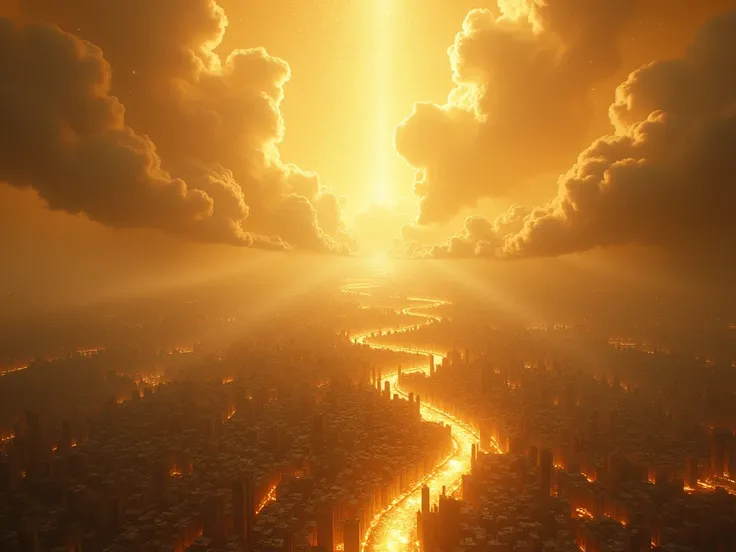 AN IMAGE OF THE NEW GOLDEN JERUSALEM ,  DESCENDING FROM HEAVEN WITH THE NEW EARTH BELOW ALL RESTORED ,  A CITY BRILLIANT WITH PRECIOUS STONES AND FULL OF ANGELS DESCENDING IN THE MIDDLE OF THE THRONE OF GOD. 