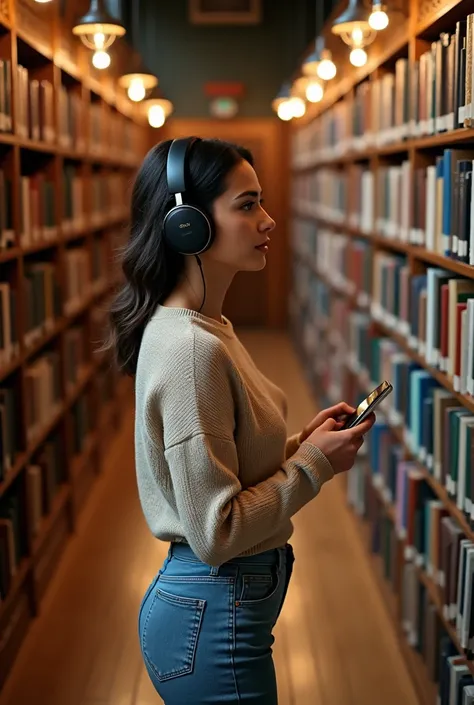 A highly detailed aerial view of a serene library hallway with tall, intricately carved wooden bookshelves, filled to the brim with colorful, well-organized books. The polished hardwood floor reflects the soft, warm light emanating from antique-style overh...