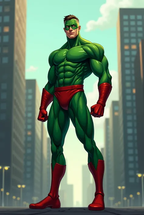 imagen 2d, superhero, green costume mask ,  red stocking style shoes,