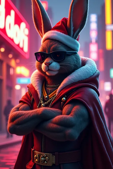 strong bunny man, santa hat, text name DOFI, gold black pink, neon lights, santa hood, Лучшее качество, Самодовольное лицо, Решимость, Солнечные очки.Дизайн персонажей, 