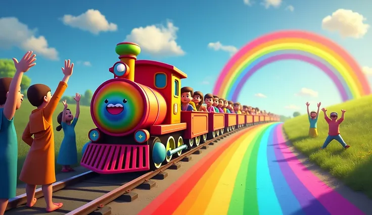 Scene 4: Chasing the Rainbow
Scene Setting:

The train rides along a path made entirely of rainbow beams, shooting out from the ground like magical arcs.
The sky is filled with vibrant colors, and a full rainbow stretches across the horizon.
Characters:

r...