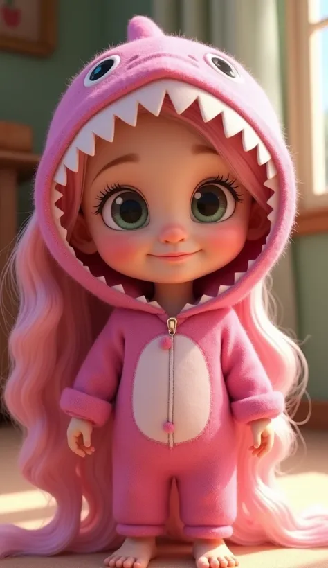 Disney Pixar style character Rapunzel baby with ponytail in her hair that has a pink shark jumpsuit