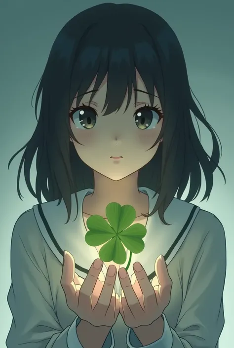 Create an image it will be on YouTube for the cover ,  I want an anime character on this cover that has a sad face and is holding a four-leaf clover