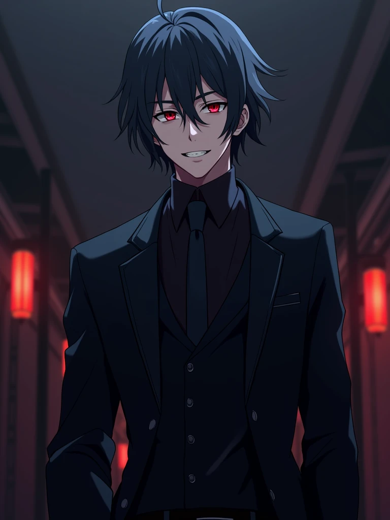  anime style :  ensemble stars , a tall man,  hair not very long but tied up color black, Ojos rojos,  smile and fangs more or less visible , dark and cool clothing 