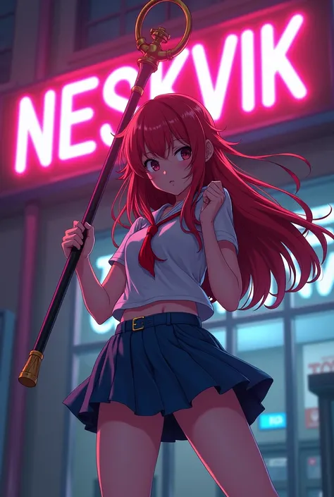  girl ,  with long red hair , anime, He has a staff ,  on the back of the neon sign says "Neskvik "