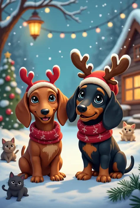 hi ai!  I want a Disney themed picture with a brown dachshund with dots and a black dachshund with a Christmas background in reindeer clothes and cats and their names are Lili and Timon.