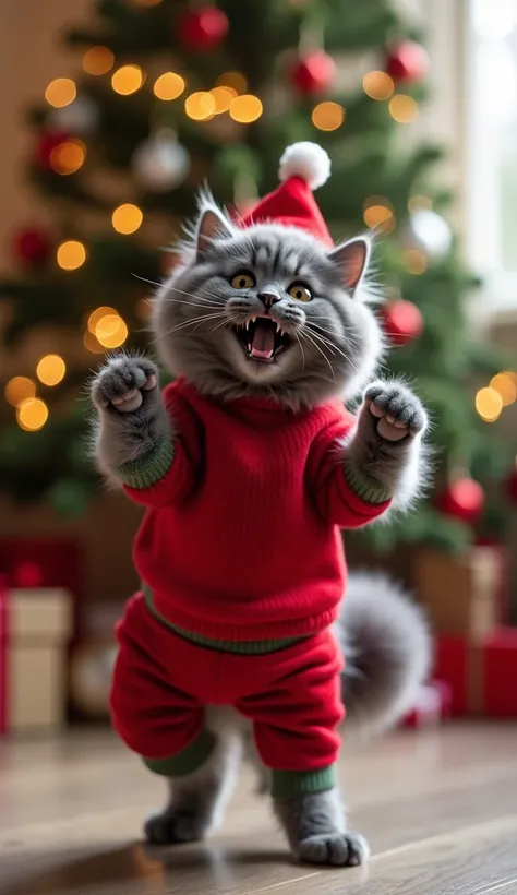  Creates an adorable image of a cute gray tabby cat dog standing on its back legs ,  dressed in festive Christmas attire .  The dog wears a cute Christmas outfit consisting of a red sweater ,  matching pants ,  and a festive hat with a pompom on the top . ...