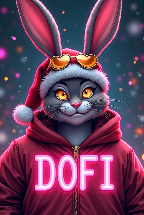 strong bunny man, santa hat, text name DOFI , gold black pink, neon lights, santa hood,  better quality ,  smug face , Determination,  The character design ,   Heart-shaped glasses ,  Headband ,  Eye with bandage ,  Pink hair band,  head goggles , 