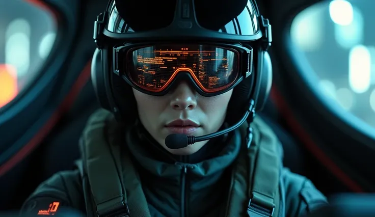  , a pilot Korean woman is sitting in her spinner flying engine,(masterpiece:1.2,Exceptional Quality,mirror-like,cinematic experience),8k,wallpaper,Ray Tracing,(woman),(Wearing futuristic tactical goggles:2.0,Tactical data is displayed on the goggles:2.0,D...