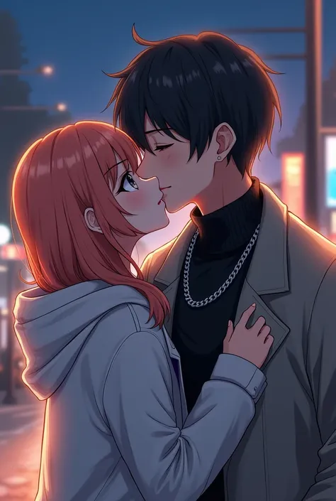 anime guy and girl, Guy 21 years old ,tall with black hair with a black turtleneck and the gray coat has a silver chain around the neck , girl 19 years old,   with light red hair and a white jacket kisses a guy on the cheek , city night background 