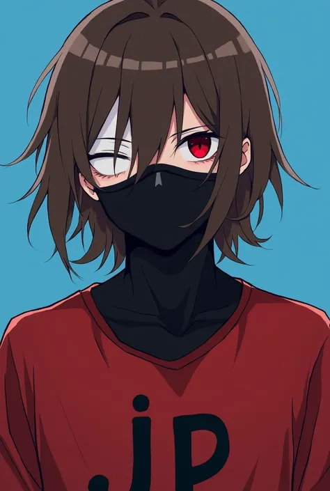 Game Free Fire ,  rays with brown shoulder length hair wearing a black mask with a face painted white with an eye painted red with a red shirt written "Jp"  style male character facing the camera with a blue background with 