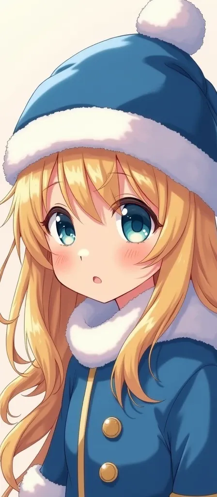 Anime has blonde hair, fair skin and a mens blue Christmas hat for a profile picture.