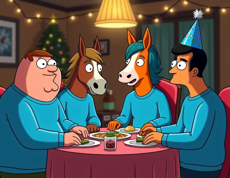 pitter griffin, horse bojack, rick sanchez and special agent archer, wearing bright blue sweatshirts, sit at the dinner table in a New Years Eve atmosphere and talk passionately.