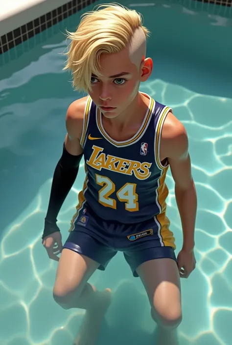 Create a realistic boy  in water .  He has blond dyed hair and his hairstyle is a lowfade.  He wears shorts and shirt from the Lakers team and wears a long tight and smoothing black protector over his right arm and legs.