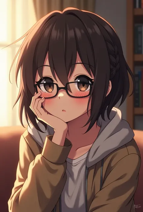 anime,  An anime girl,  generate an image of one with short hair , tipo no peScoço,  half wavy and messy ,  a small braid on the side , ela com olhoS preto,S, beige skin color/white, ela eStá com um caSaco, o fundo é em uma Sala de eStar, apenaS da barriga...